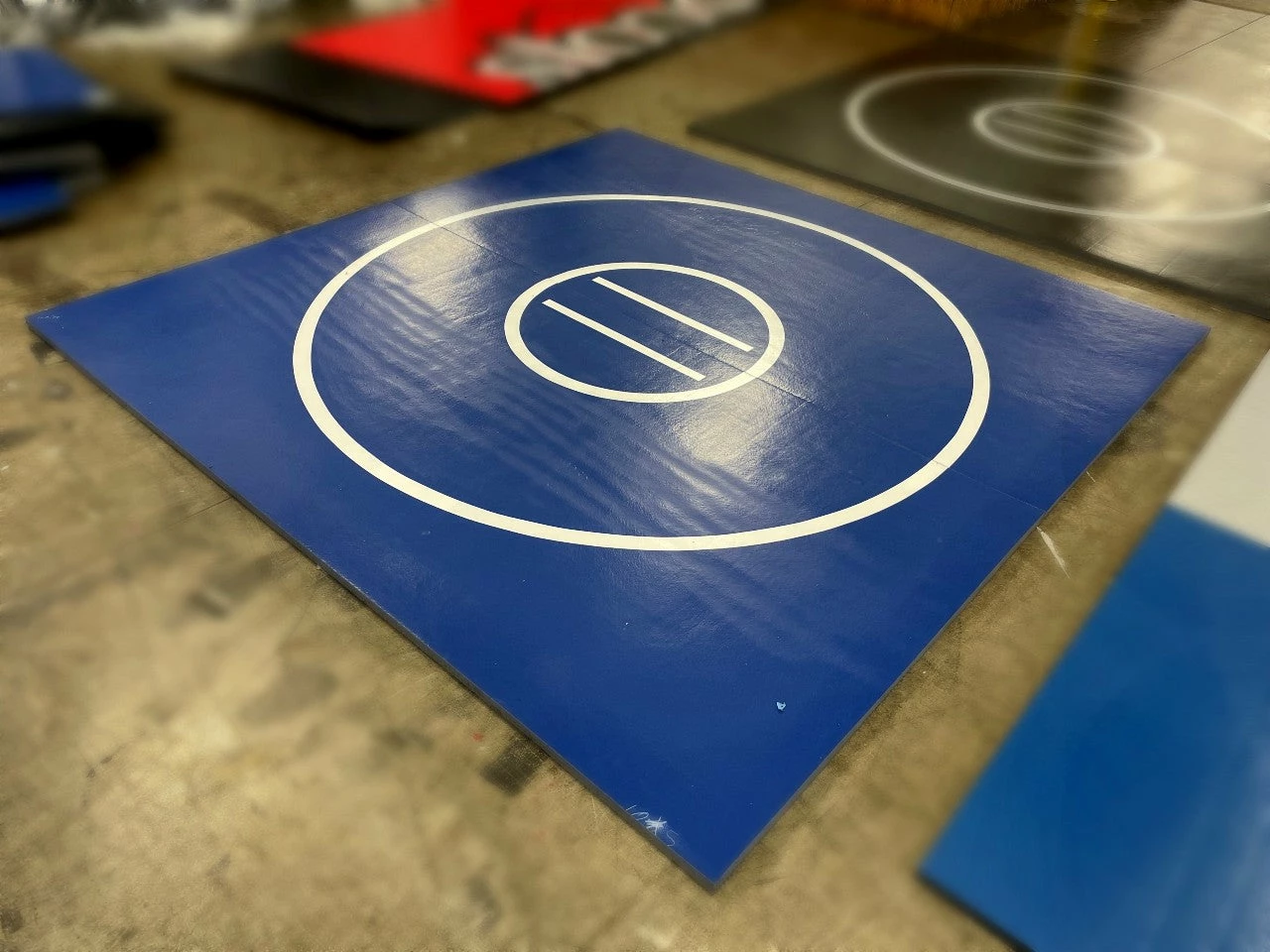 AK Athletic Equipment Clearance 10' X 10' X 1 3/8" Roll-Up Wrestling Mat Blue With White Circles And Lines- Damage On Back 1 AK Athletic Equipment Clearance 10' X 10' X 1 3/8" Roll-Up Wrestling Mat Blue With White Circles And Lines- Damage On Back