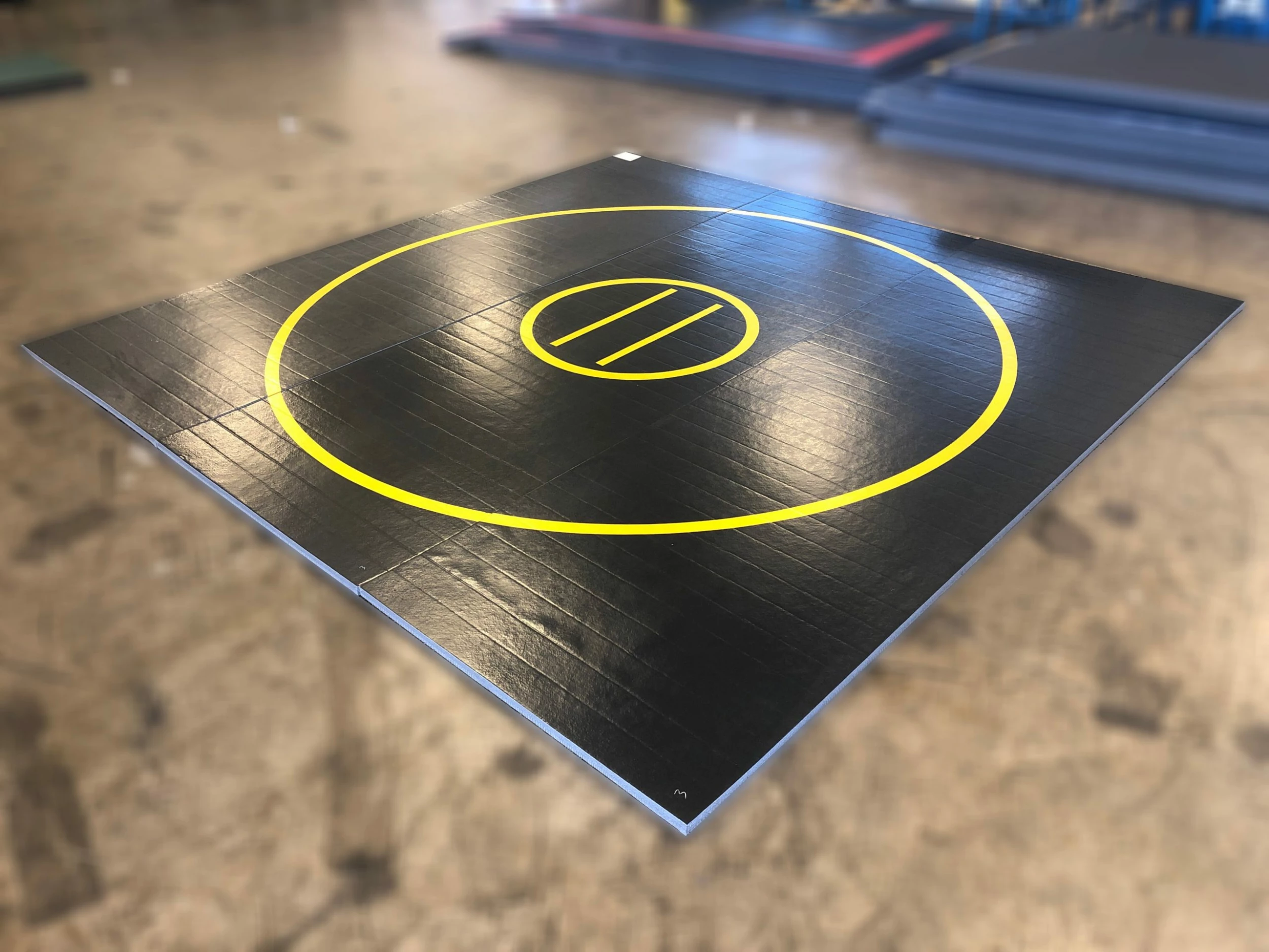 AK Athletic Equipment QUICK SHIP Wrestling Mat 12' X 12' X 1 3/8" Roll-Up Mat Black With Yellow Circles 1 AK Athletic Equipment QUICK SHIP Wrestling Mat 12' X 12' X 1 3/8" Roll-Up Mat Black With Yellow Circles