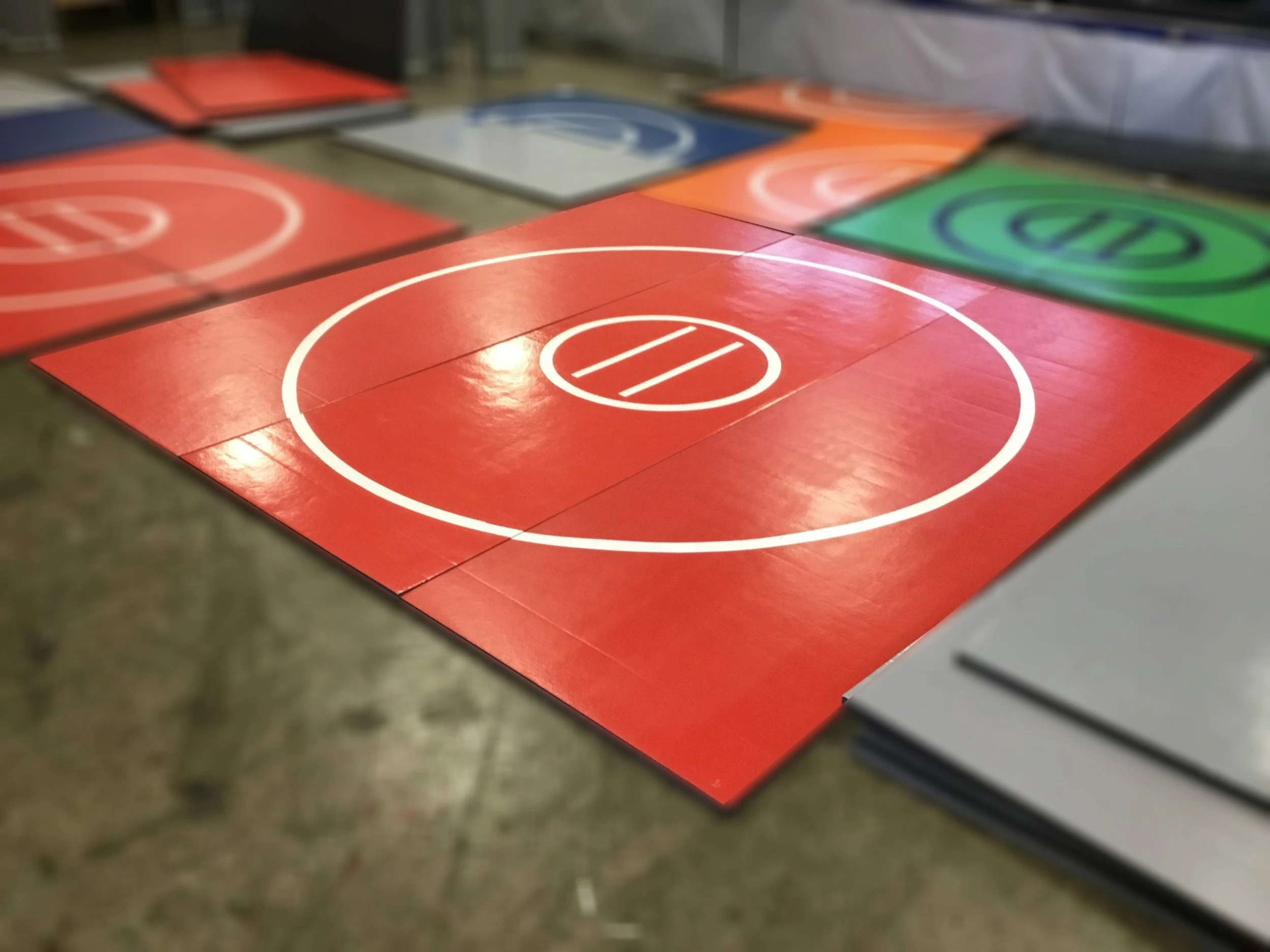 AK Athletic Equipment Clearance Wrestling Mat 12' X 12' X 1 3/8" Roll-Up Mat Red With White Circles And Lines 1 AK Athletic Equipment Clearance Wrestling Mat 12' X 12' X 1 3/8" Roll-Up Mat Red With White Circles And Lines