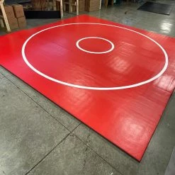 AK Athletic Equipment Clearance Wrestling 14' X 14' X 1 3/8" Roll-Up Mat Vinyl Flaw Red With White Circles
