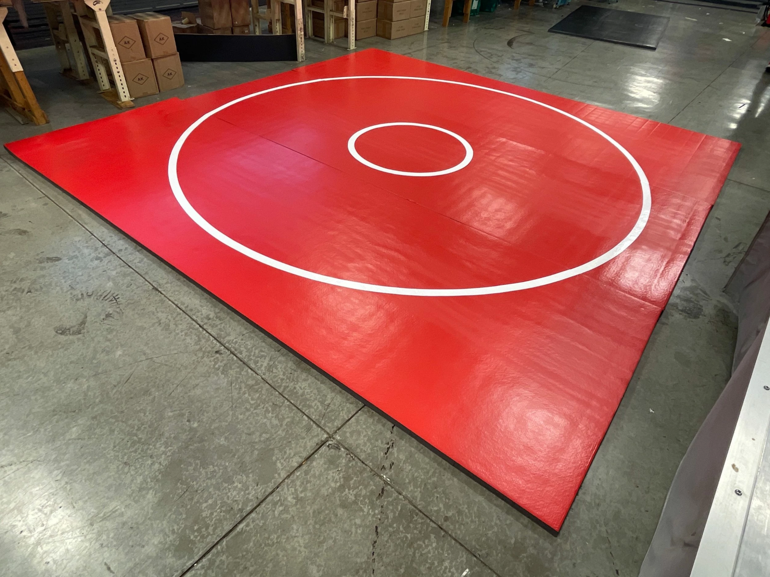 AK Athletic Equipment Clearance Wrestling 14' X 14' X 1 3/8" Roll-Up Mat Vinyl Flaw Red With White Circles 1 AK Athletic Equipment Clearance Wrestling 14' X 14' X 1 3/8" Roll-Up Mat Vinyl Flaw Red With White Circles