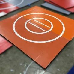 AK Athletic Equipment Remnant 8' X 8' 1 3/8" Roll-Up WRESTLING MAT Orange With White Circles