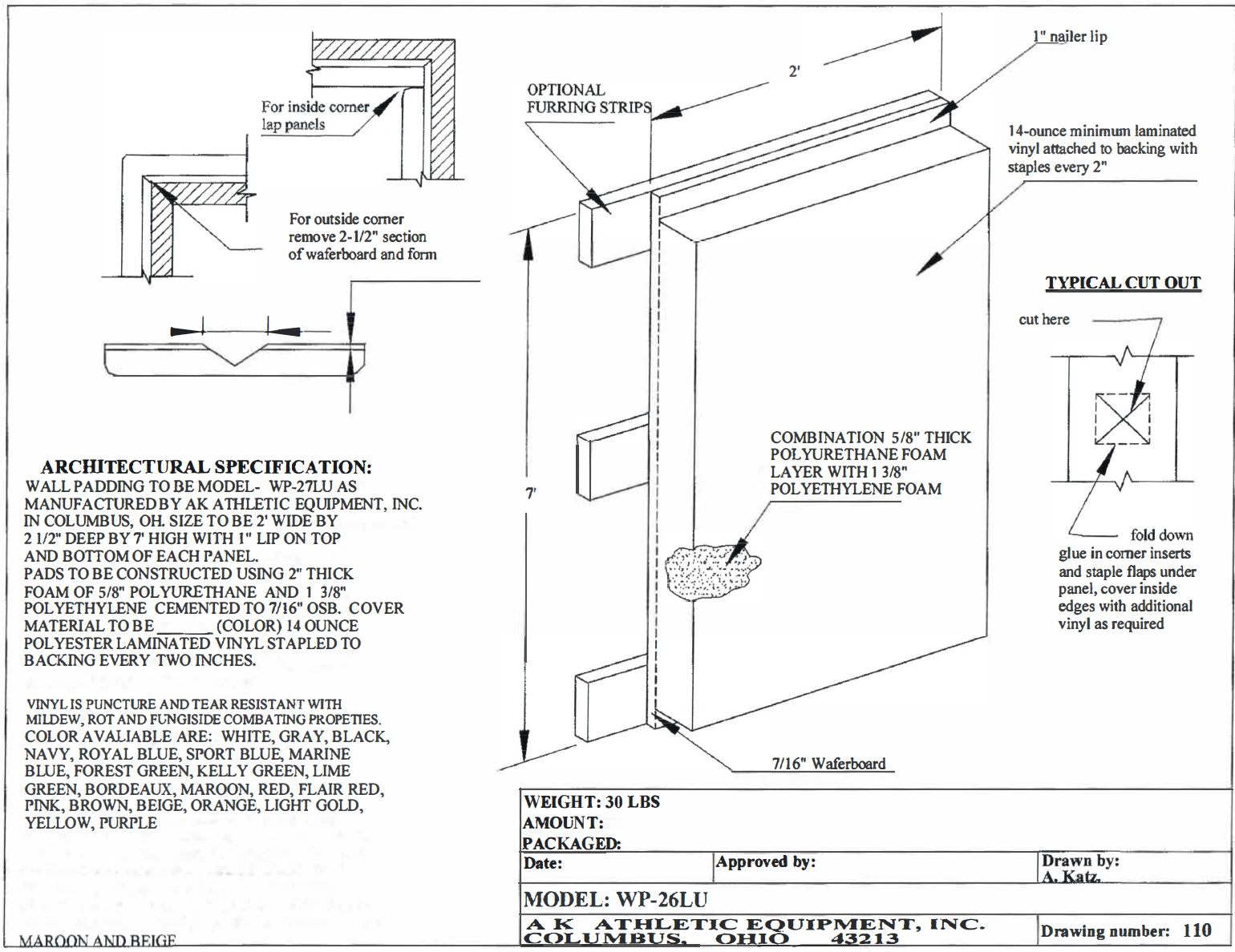 AK Athletic Equipment Custom Wood Backed Gym Wall Padding Panels 2' X 7' 6 AK Athletic Equipment Custom Wood Backed Gym Wall Padding Panels 2' X 7' - Image 6